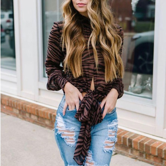 Olivaceous Tops - Brown Zebra Print Blouse